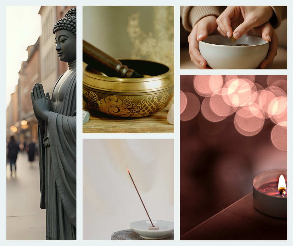 image of Buddha in the city, meditation bowl, candle and incense